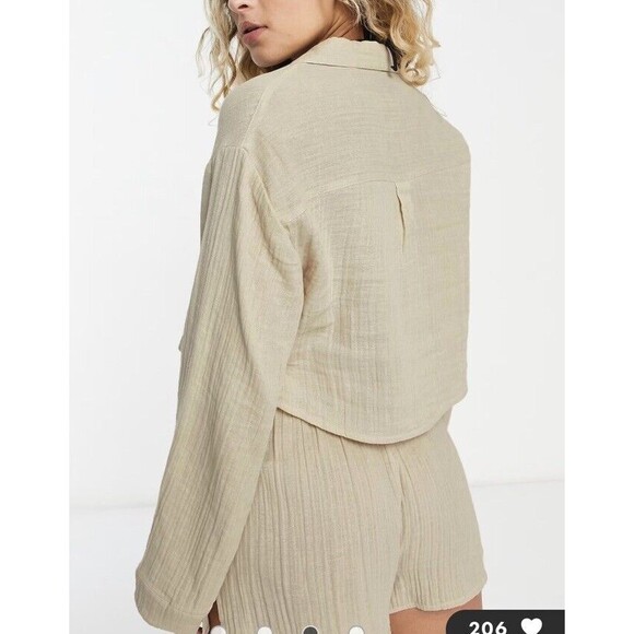 ASOS DESIGN pocket oversized beach shirt co-ord in double gauze in oatmeal 10 L - Picture 2 of 7